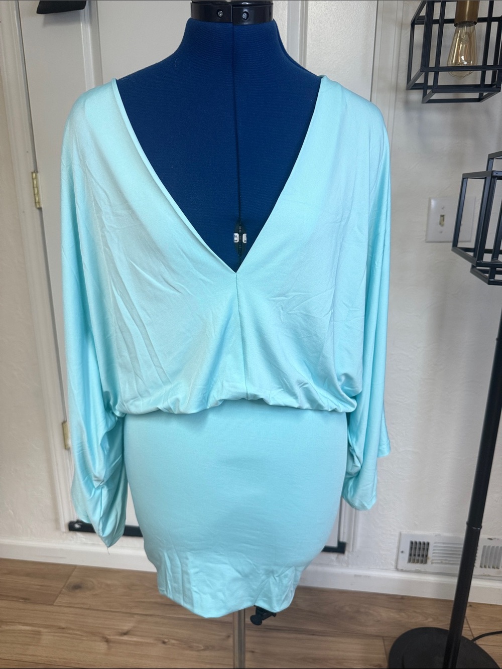 Light Aqua V-Neck Dolman Sleeve Dress